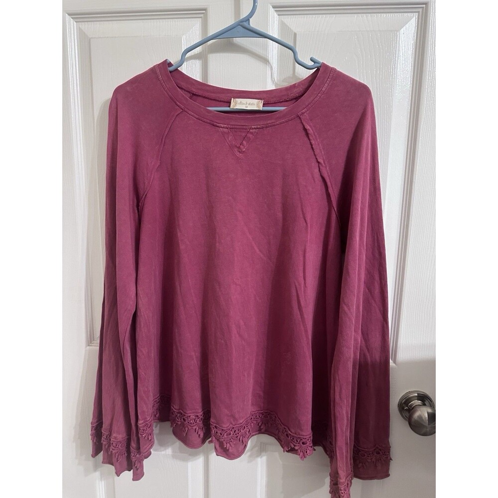 Romantic Dusty Pink  100% Cotton Crochet Accent Knit Pullover Long Sleeve Top M